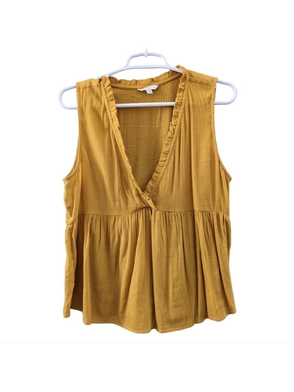 Lucky Brand yellow/gold v-neck with ruffles sleeveless top, size medium